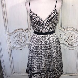 Arden B. 100% Silk Black and White Print Waisted Gathered Spaghetti Strap Dress